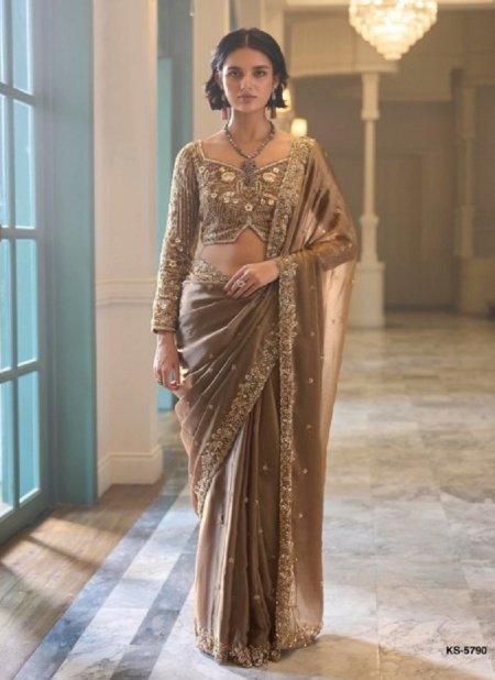 Golden Colour Iconic Vol 5 By Kimora Fancy Fabric Designer Beads Work Saree Ks 5790